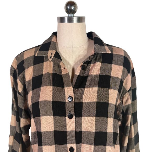 vintage 90s buffalo plaid rayon button shirt M black tan blouse top USA vtg - Picture 2 of 10